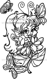 Fairy leaning on a large flower with three butterflies circling around